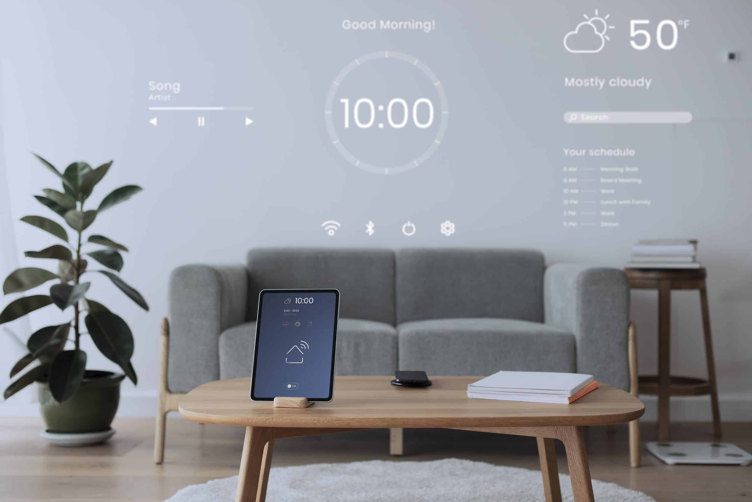 Digital tablet screen with smart home controller on a wooden table
