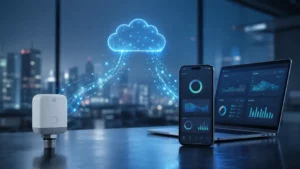 מערכת IoT המחברת בין חיישן חכם, אפליקציה, פלטפורמת ענן ולוח בקרה דיגיטלי לניטור וניתוח נתונים.