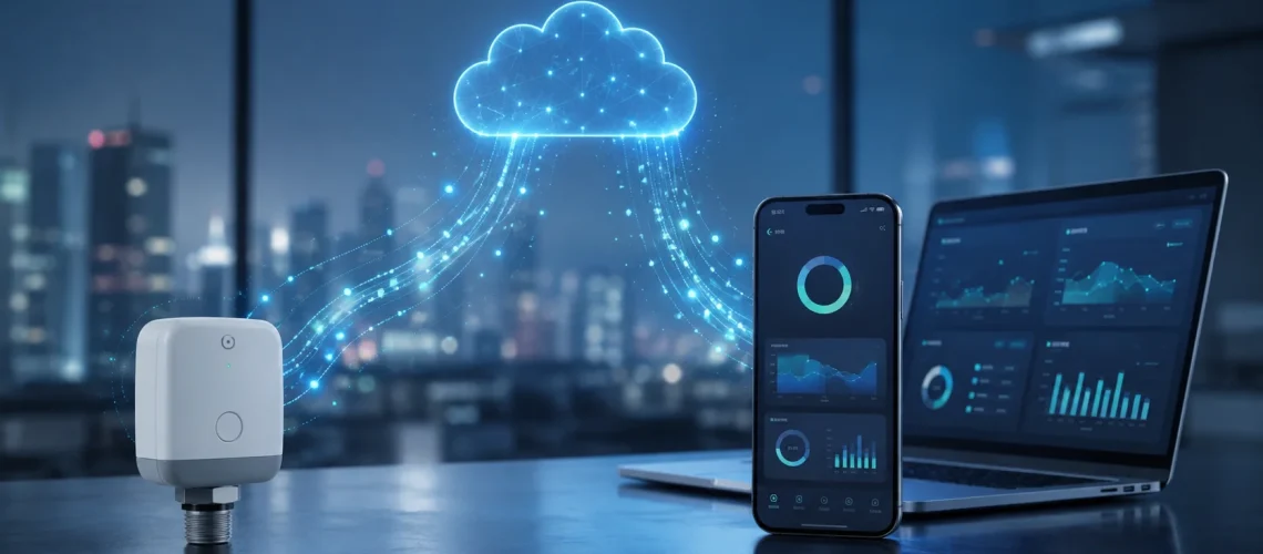 מערכת IoT המחברת בין חיישן חכם, אפליקציה, פלטפורמת ענן ולוח בקרה דיגיטלי לניטור וניתוח נתונים.